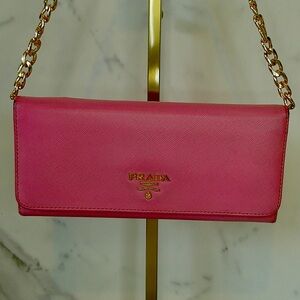 Prada Saffiano Leather Double Snap Long Wallet Pink, COA included